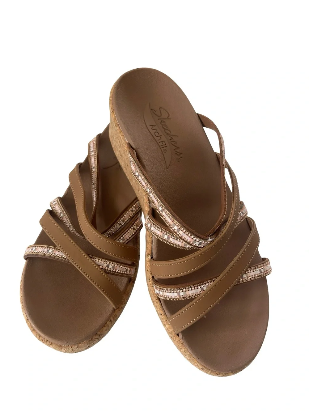 Skechers Arch Fit Beverley Wedge Sandal Cork Brown Beach Resort Womens Size 7